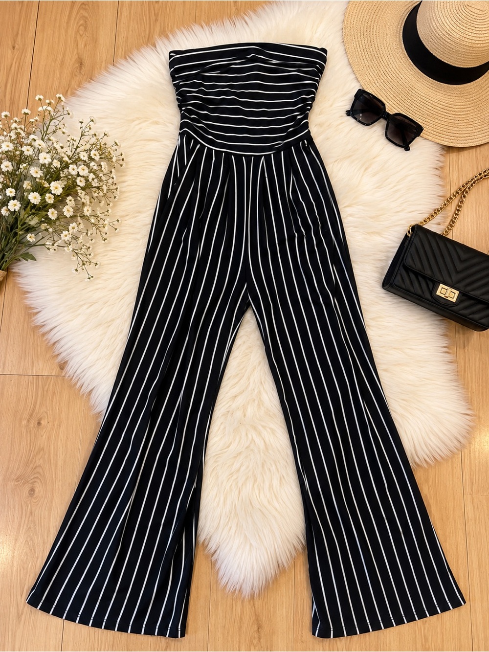 SHEIN Black Strapless Pinstripe Wide-Leg Jumpsuit